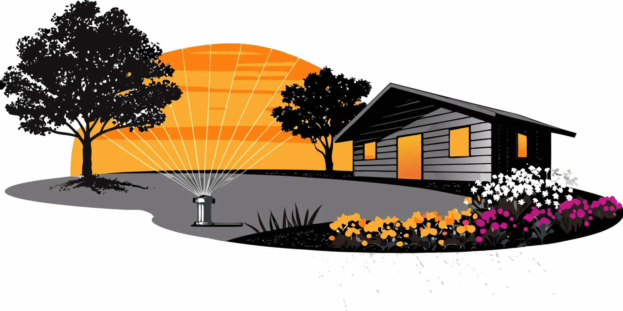 A new sprinkler system installation watering a lush residential lawn.