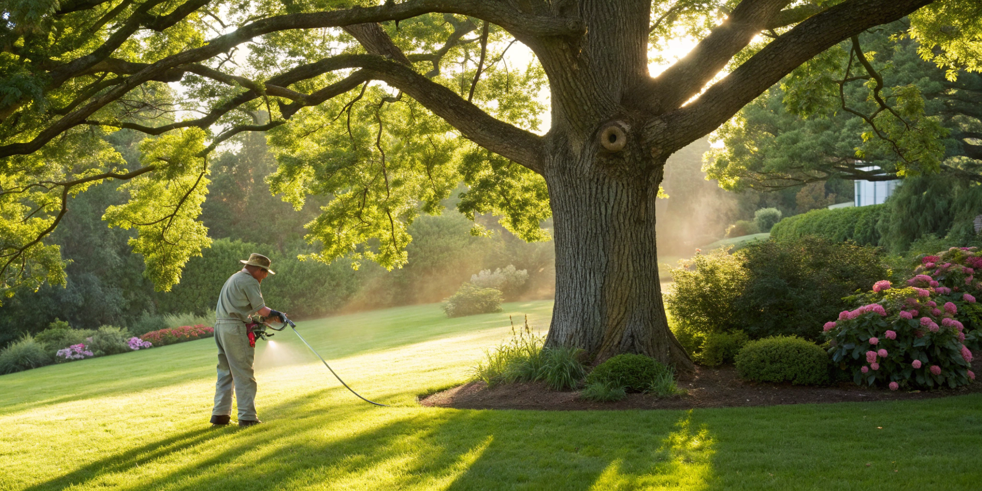 A certified arborist safely trimming a large tree with professional equipment.