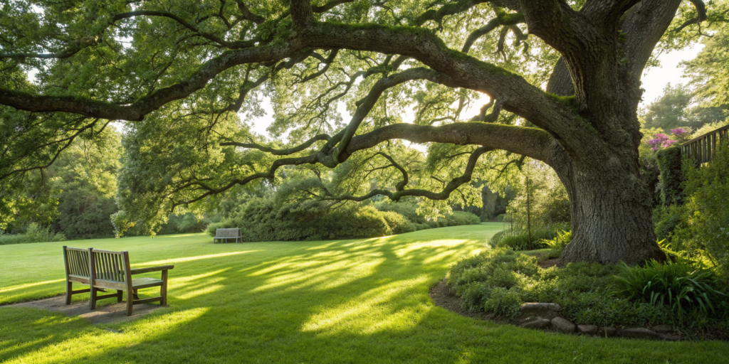 A tree with overgrown lower branches that need cutting for lawn health and safety.