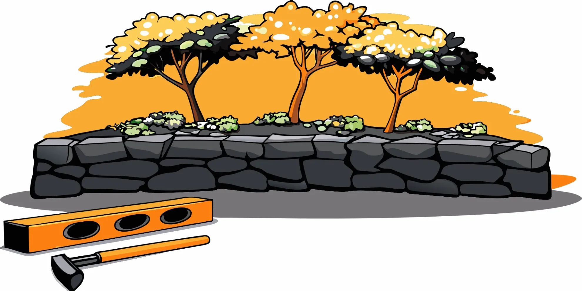 Stone block retaining wall installation in progress with a level and hammer nearby.