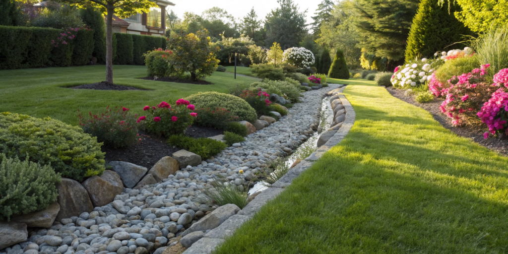 A French drain following design guidelines with a gravel trench and correct slope.