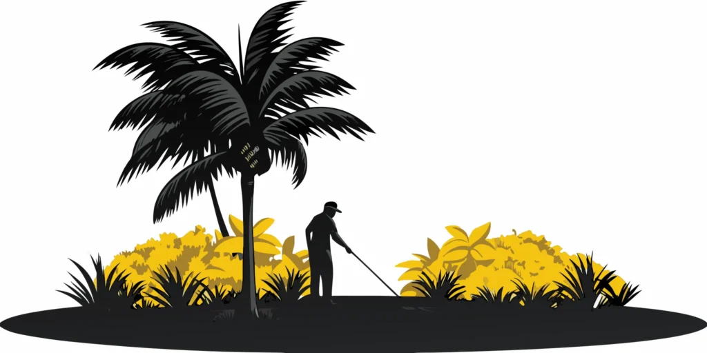 A person safely trimming the fronds from a palm tree.