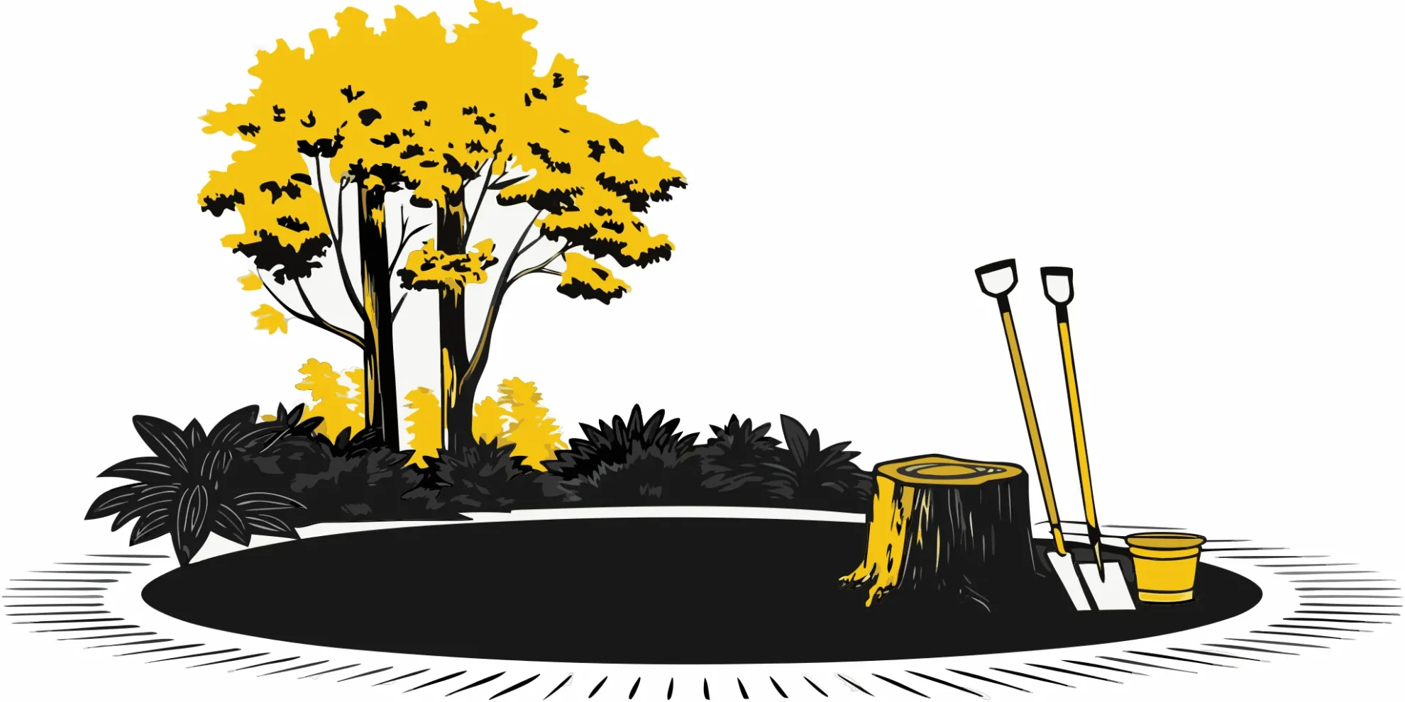 Tree root removal tools laid out next to a tree stump.