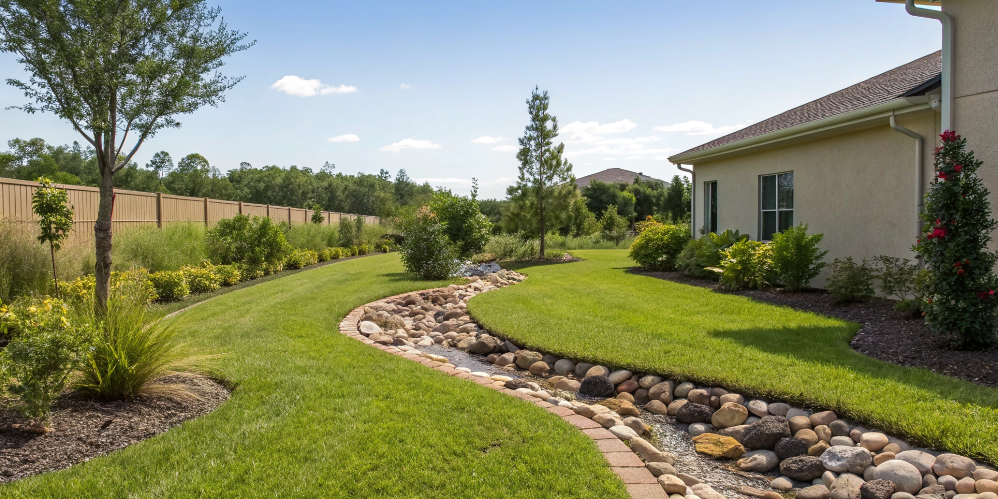 A French drain exit point with a rock bed on a grassy slope to manage water drainage.