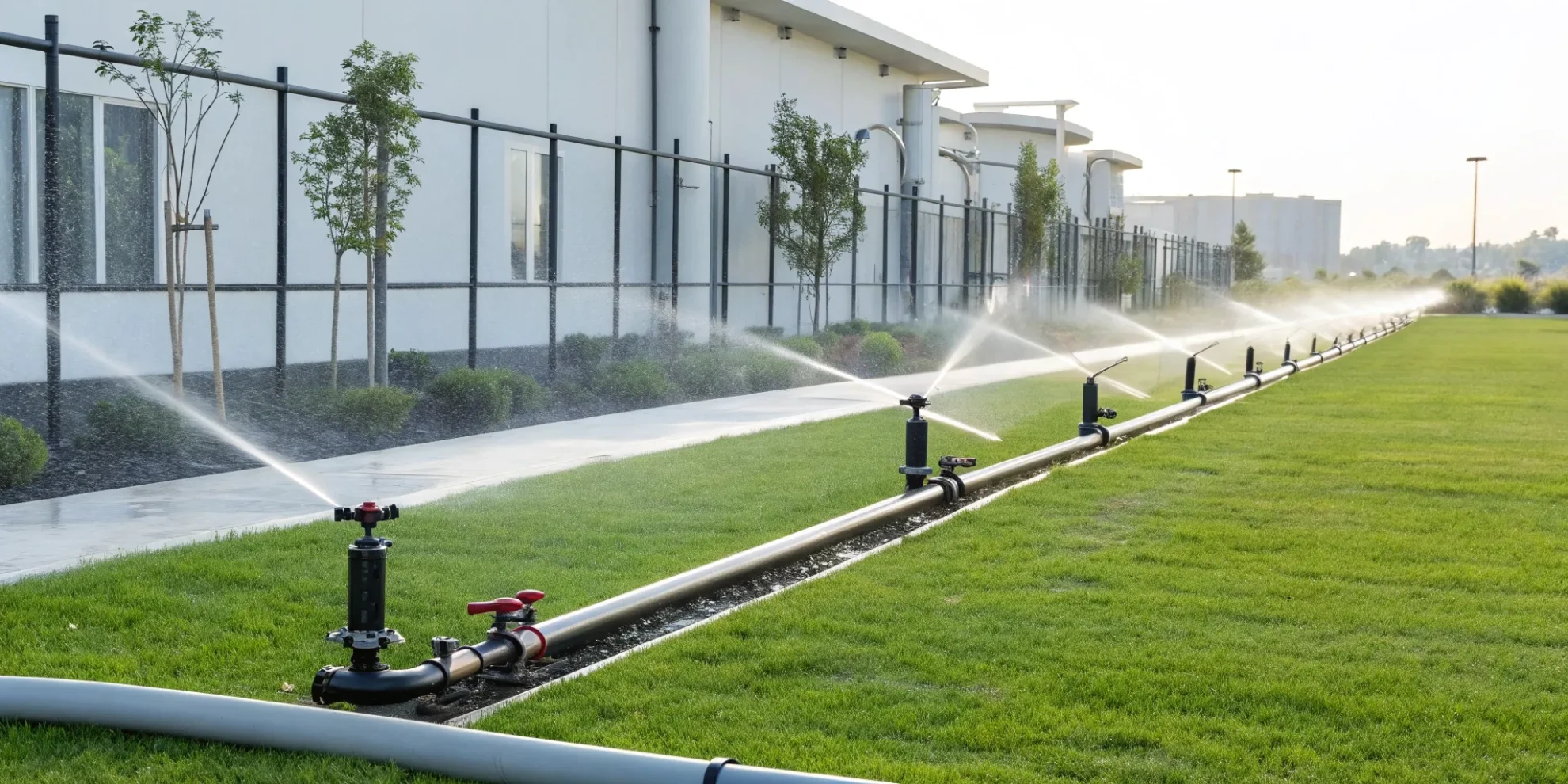 A professional commercial irrigation system installation with sprinklers watering a green lawn.