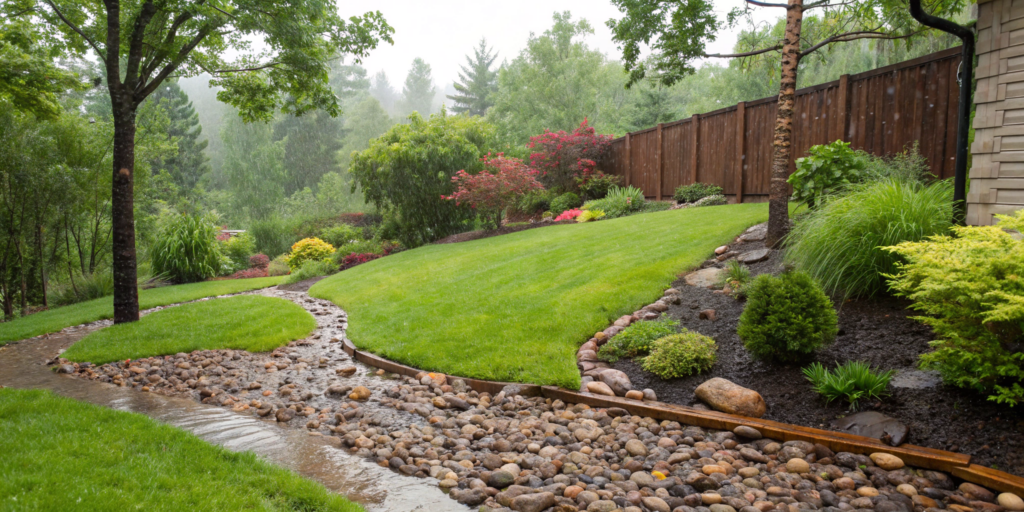 A gravel-lined French drain without a pipe managing rainwater in a landscaped yard.