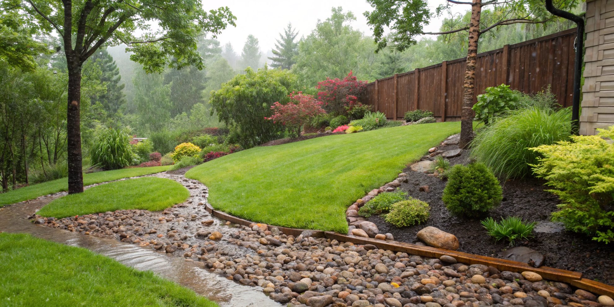 A gravel-lined French drain without a pipe managing rainwater in a landscaped yard.