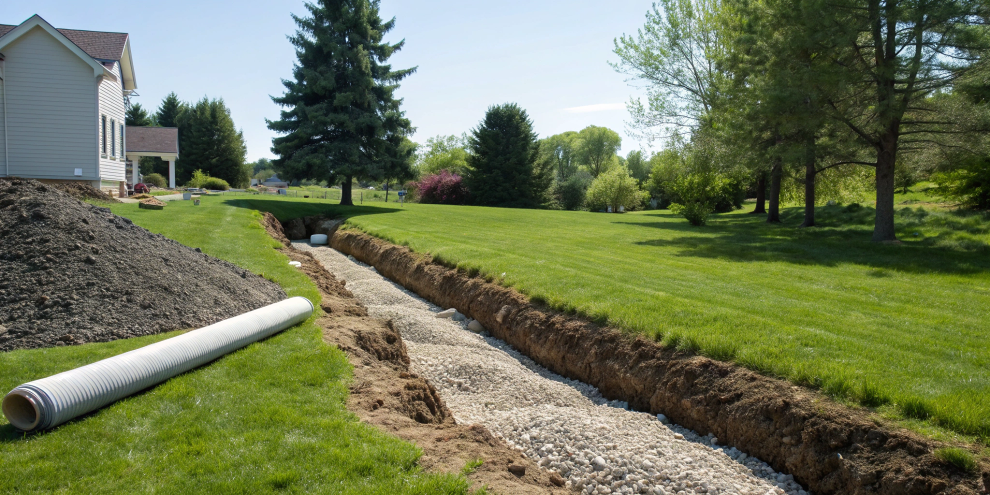 A French drain trench lined with geotextile fabric and filled with gravel.