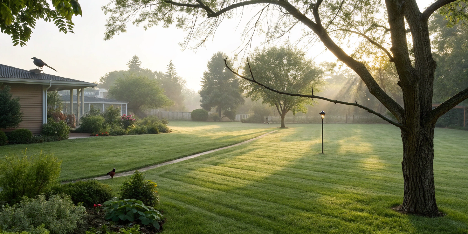 A new sod lawn with visible lines that disappear as the grass takes root.