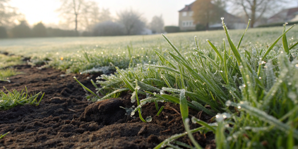 Frost-covered sod, affecting how long it takes for new grass to root in winter.