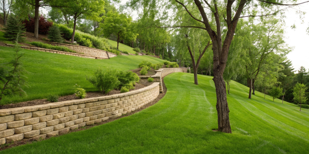 A stone retaining wall built on a slope to create a level yard and prevent soil erosion.