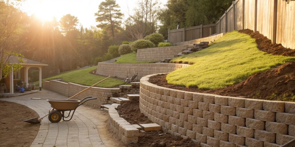 A DIY concrete block retaining wall project on a sloped yard with tiered levels.