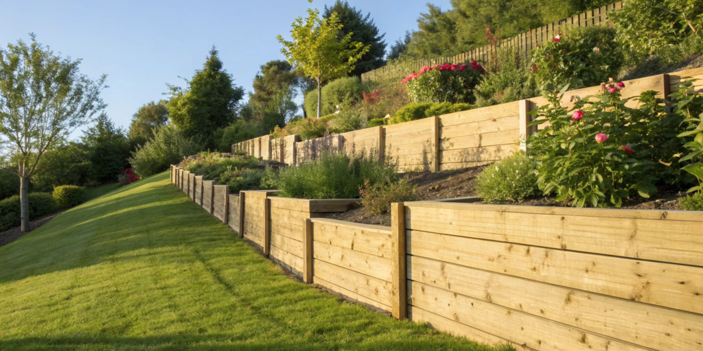 A timber sleeper retaining wall built into a garden slope to create a terrace.