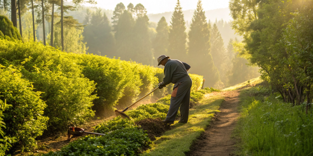 Man following a step-by-step guide on how to clear dense brush.