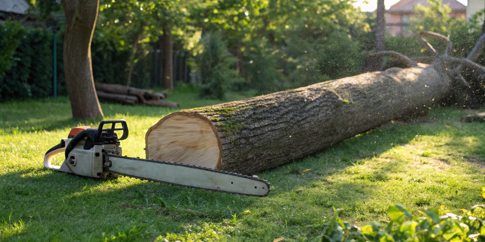 A chainsaw resting on the grass, prepared to cut up a large tree trunk.