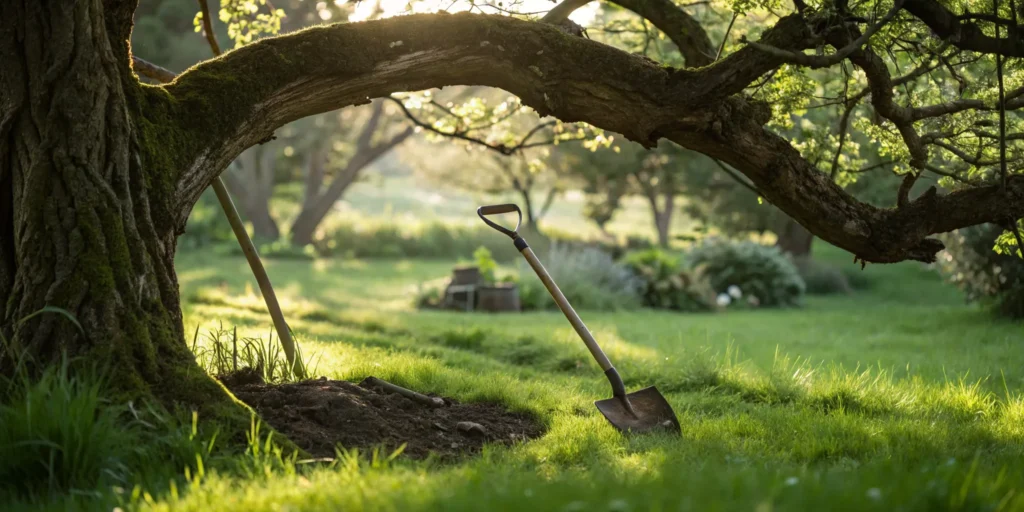 A shovel digging to get rid of tree roots sticking out of the ground.