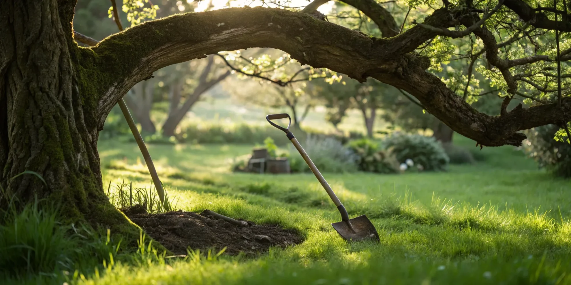 A shovel digging to get rid of tree roots sticking out of the ground.