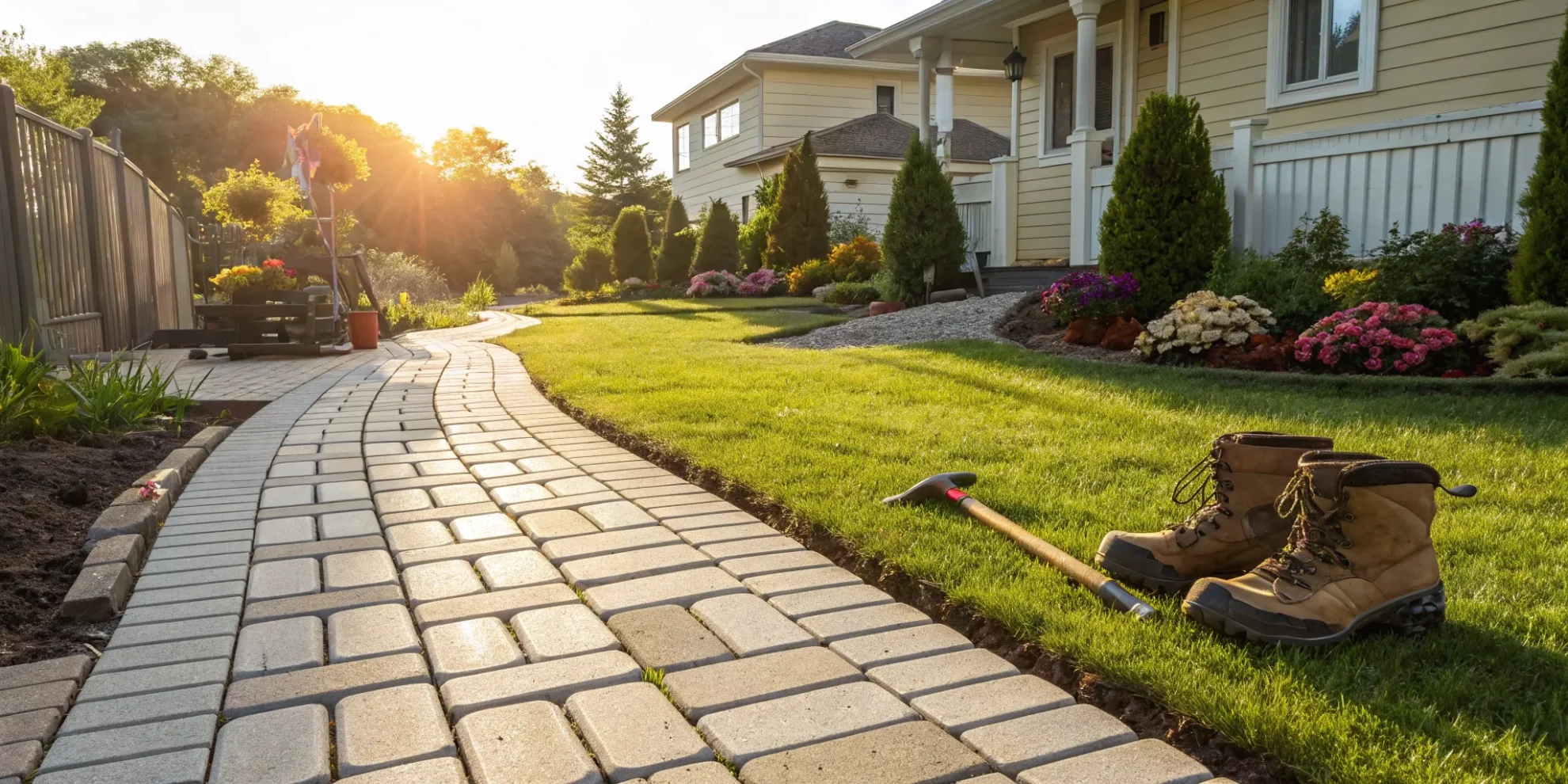 A person learning how to install pavers for a new walkway with the right tools.