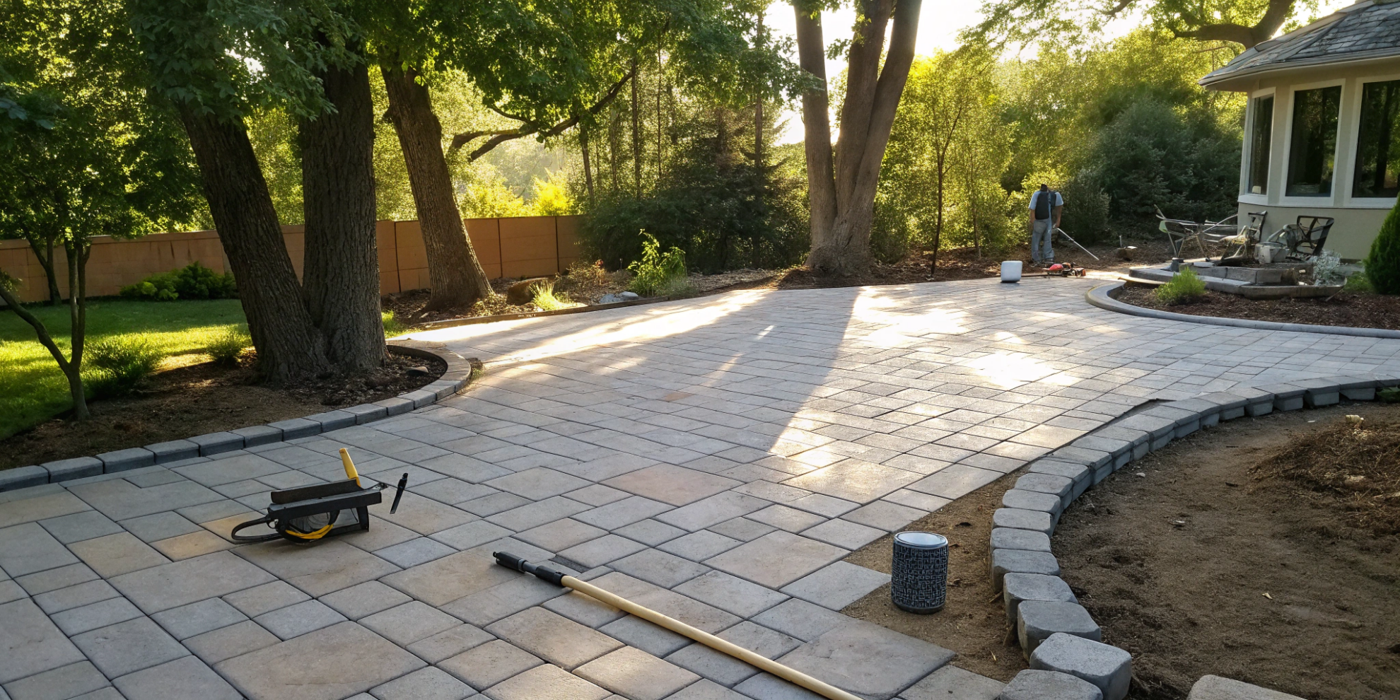 Installing pavers over a prepared gravel base on excavated dirt.