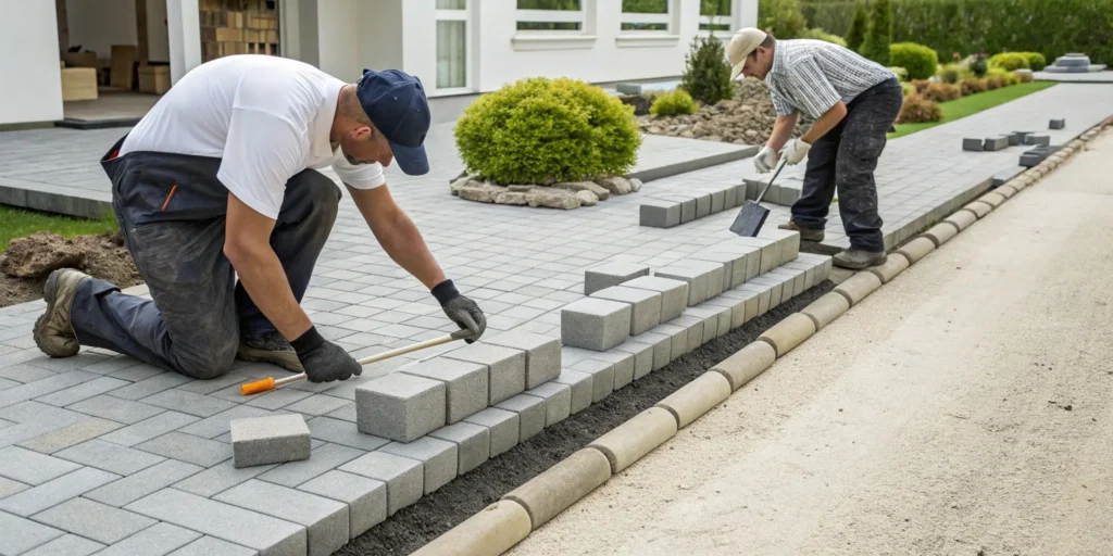A person laying pavers for a new walkway on a prepared gravel and sand foundation.