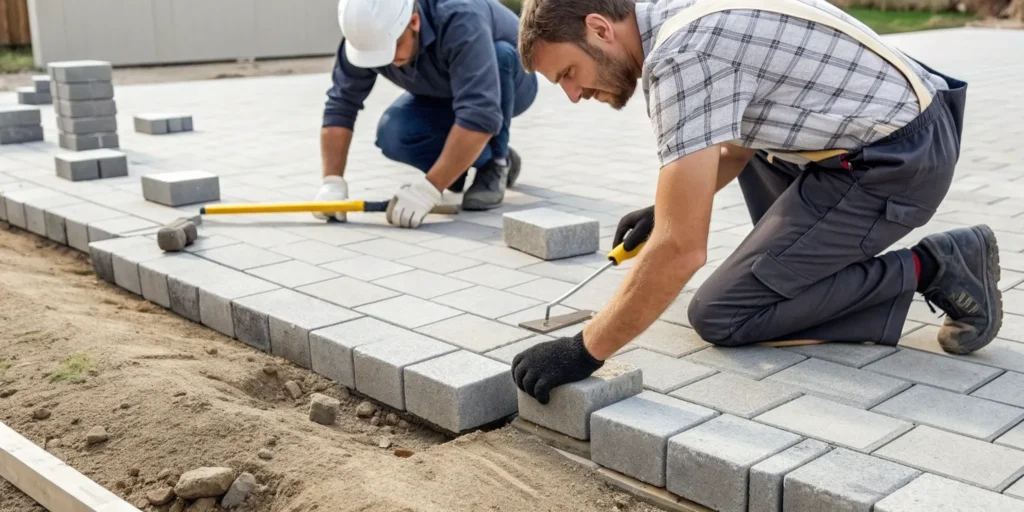 How to lay pavers on uneven ground by leveling the base and setting the stones.