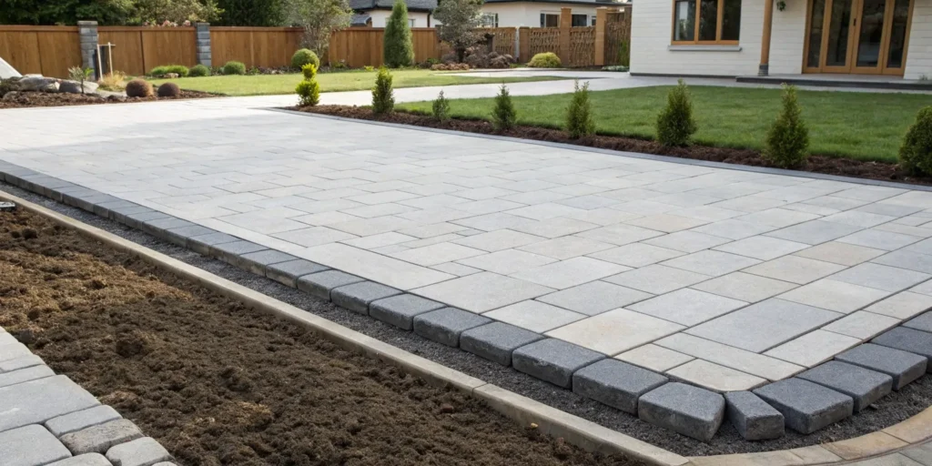 A paver patio laid without digging, featuring a stable base, clean edging, and a level surface.
