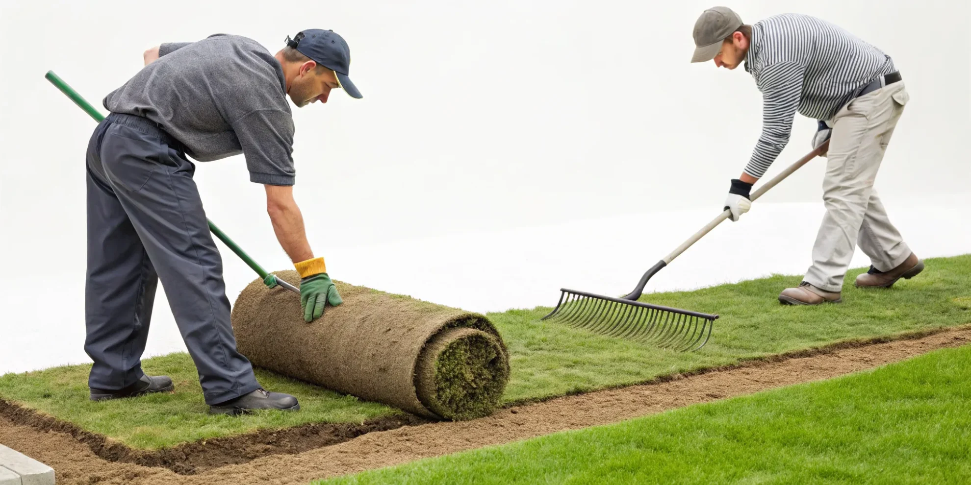 Workers laying sod fast on a prepared lawn, staggering the seams for a perfect fit.