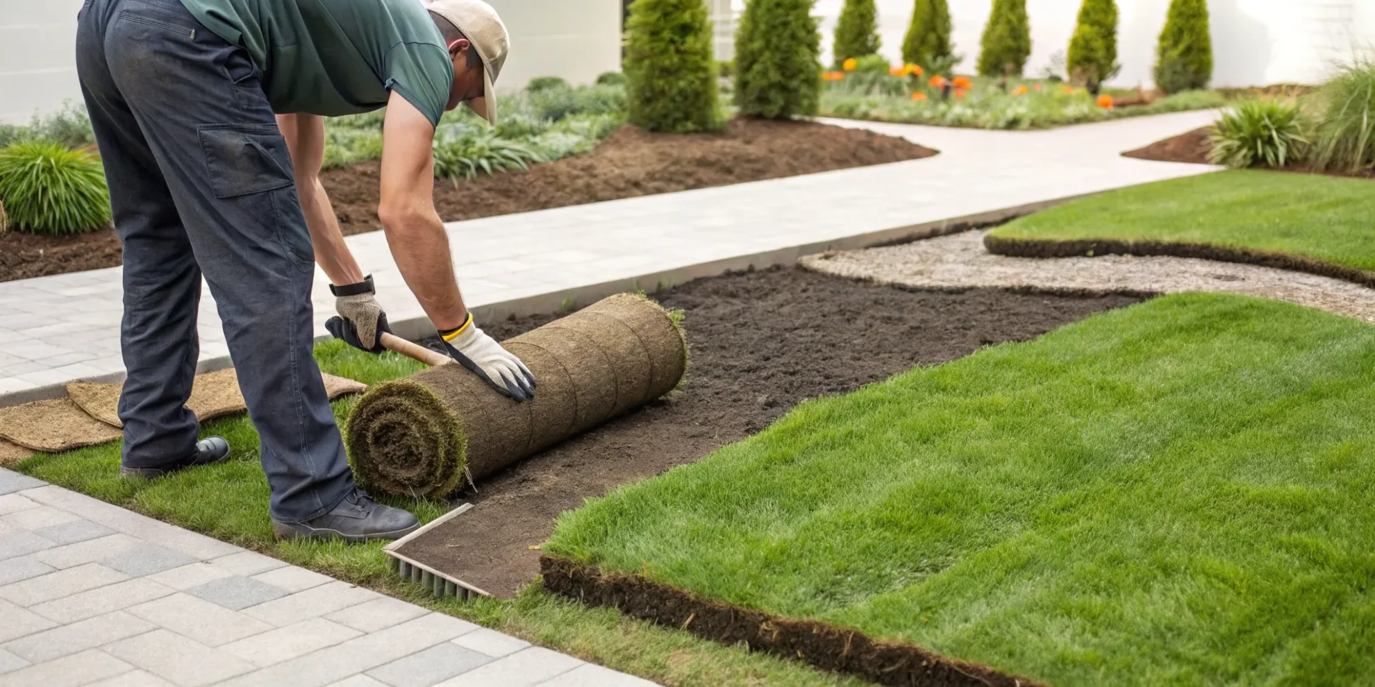How to lay sod in a small area, staggering the seams on prepared soil.