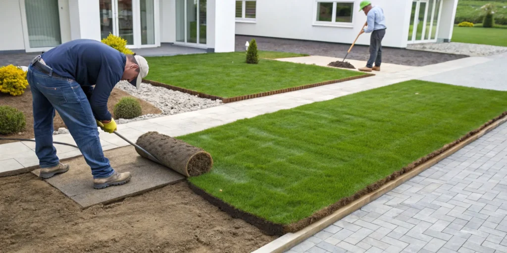 Laying new sod on prepared soil to replace an existing lawn.