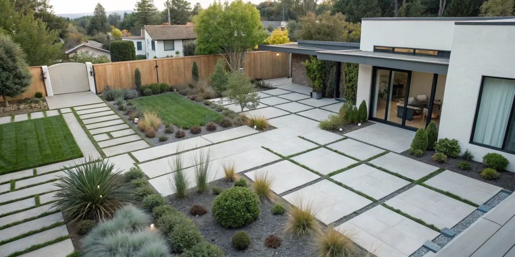 Modern front yard landscape design with geometric pavers, clean lines, and low-maintenance plants.