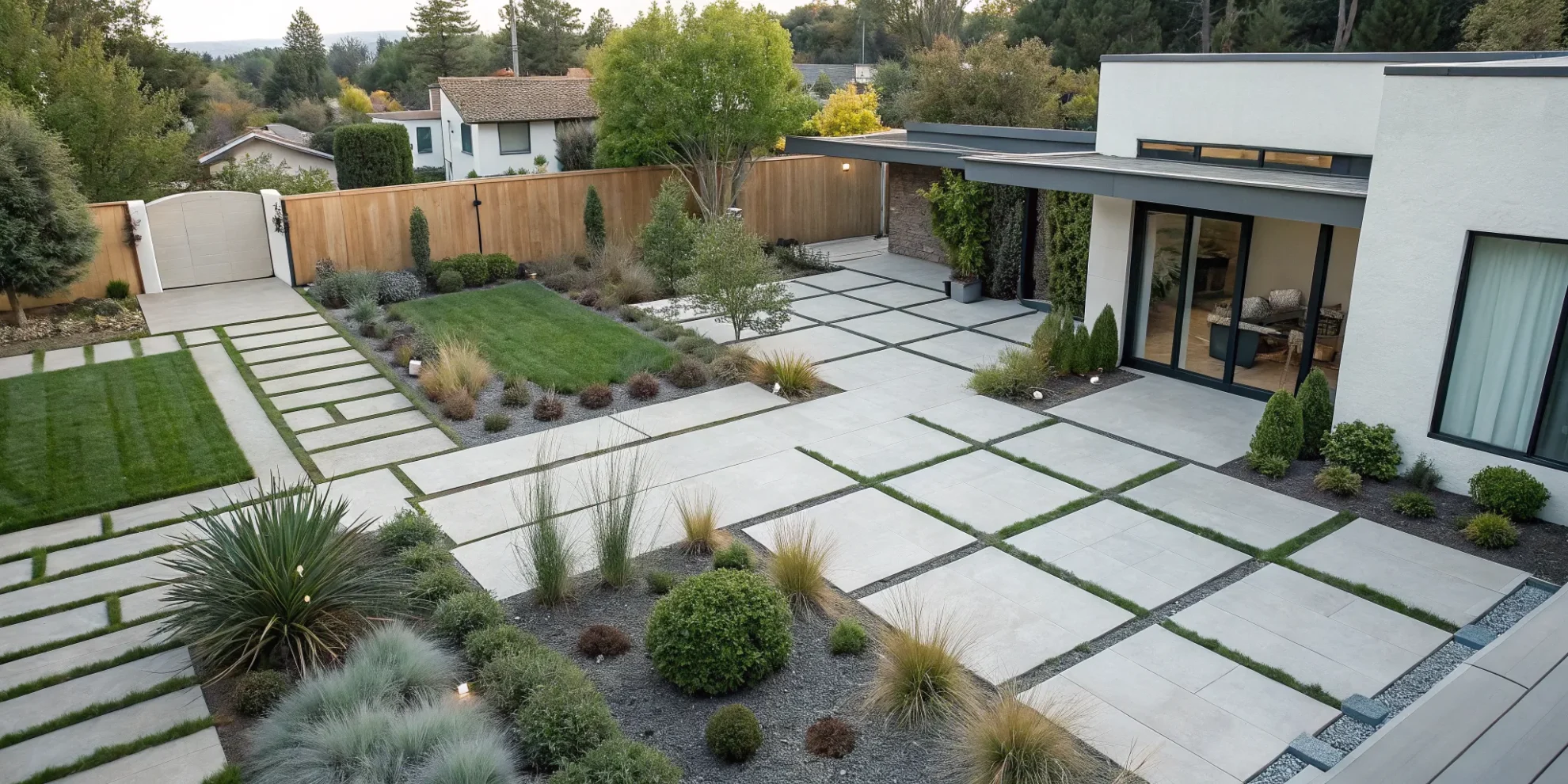 Modern front yard landscape design with geometric pavers, clean lines, and low-maintenance plants.
