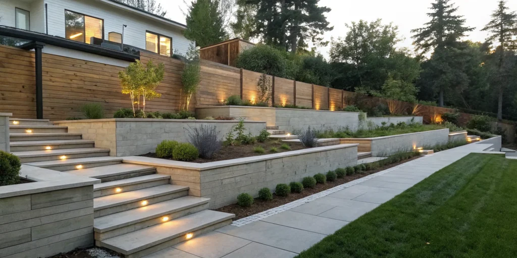 Modern tiered landscape retaining wall idea with built-in lighting, steps, and minimalist garden beds.