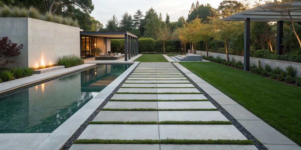 Modern backyard landscape design with a sleek pool, geometric pavers, and lush greenery.