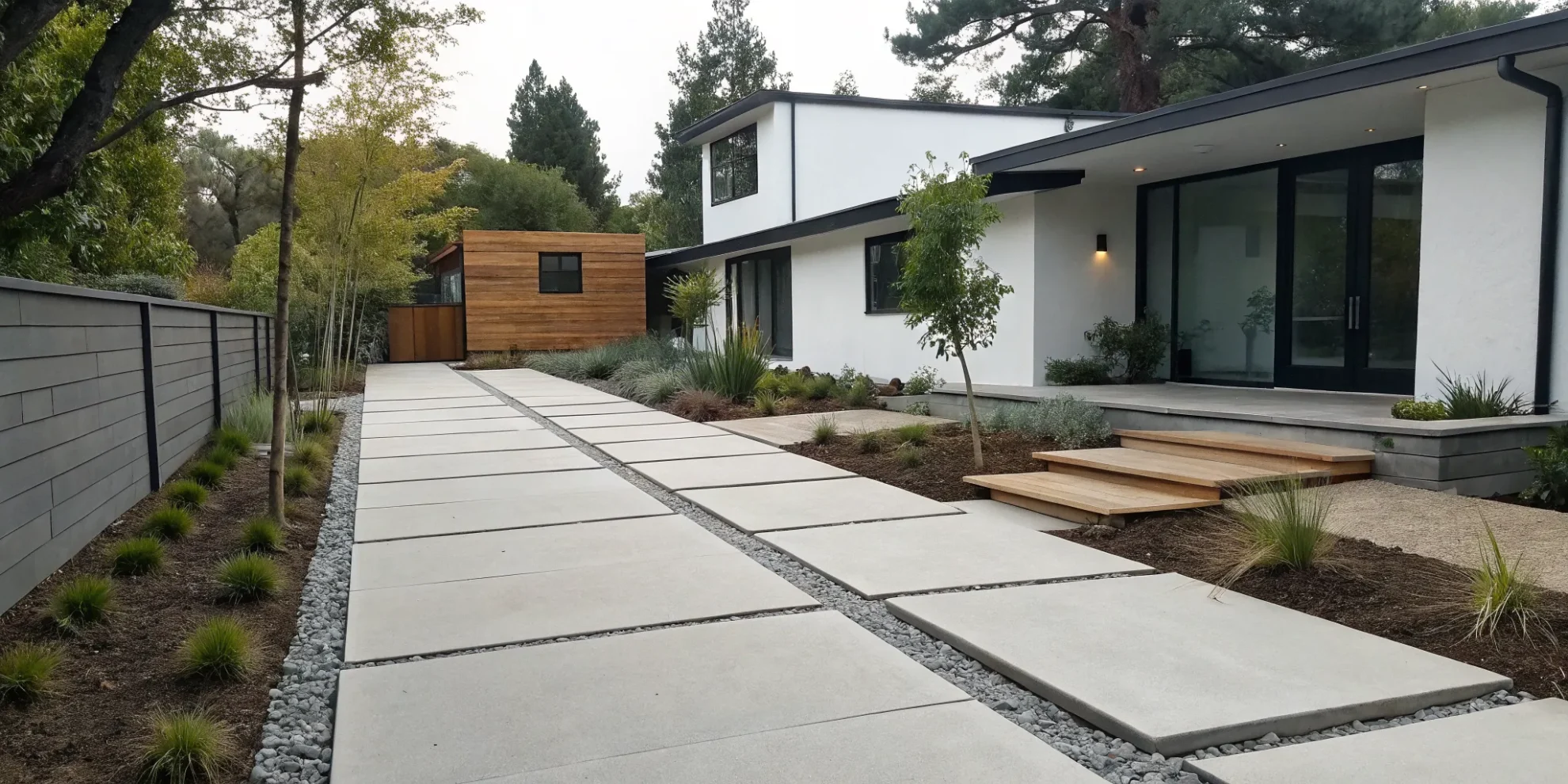 Professional landscape design and installation for a modern home with a new walkway and native plants.
