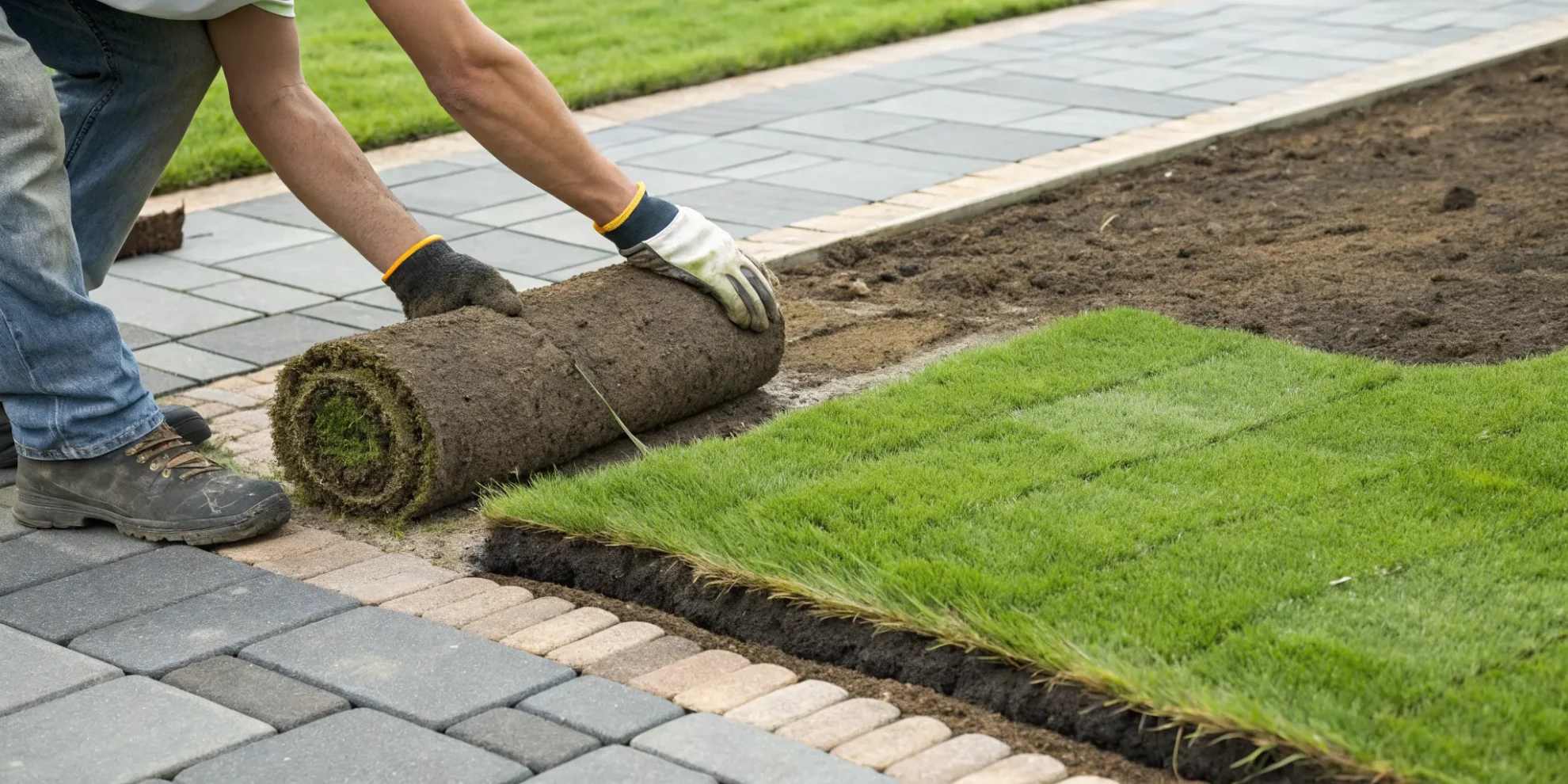 Laying down new sod patches on prepared soil for a seamless lawn.