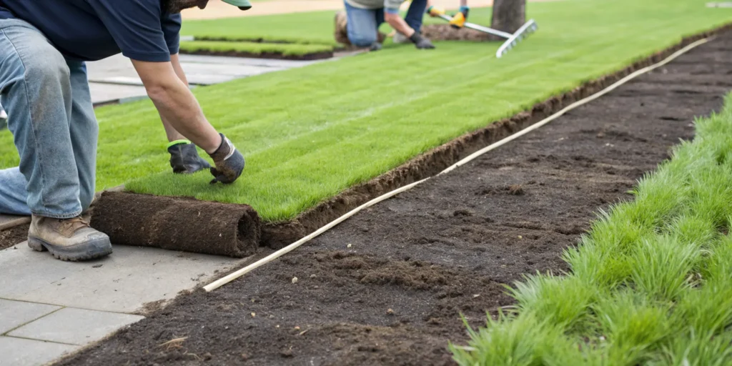 A person unrolling sod onto prepared soil, a key step in how to lay sod for beginners.