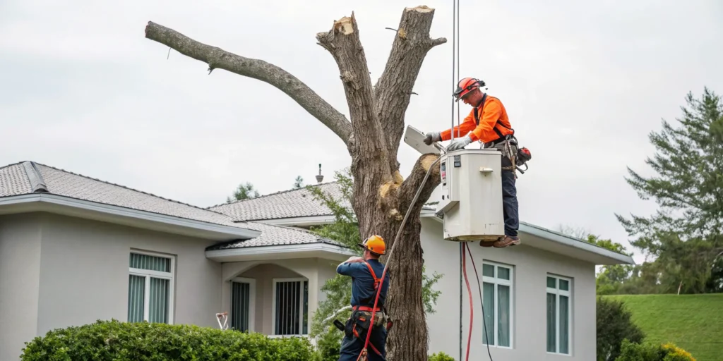 An arborist safely removing a dead tree standing next to a house.
