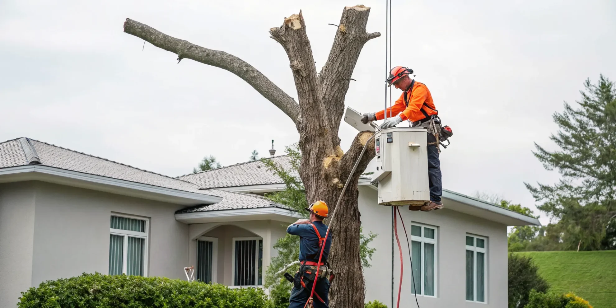 An arborist safely removing a dead tree standing next to a house.