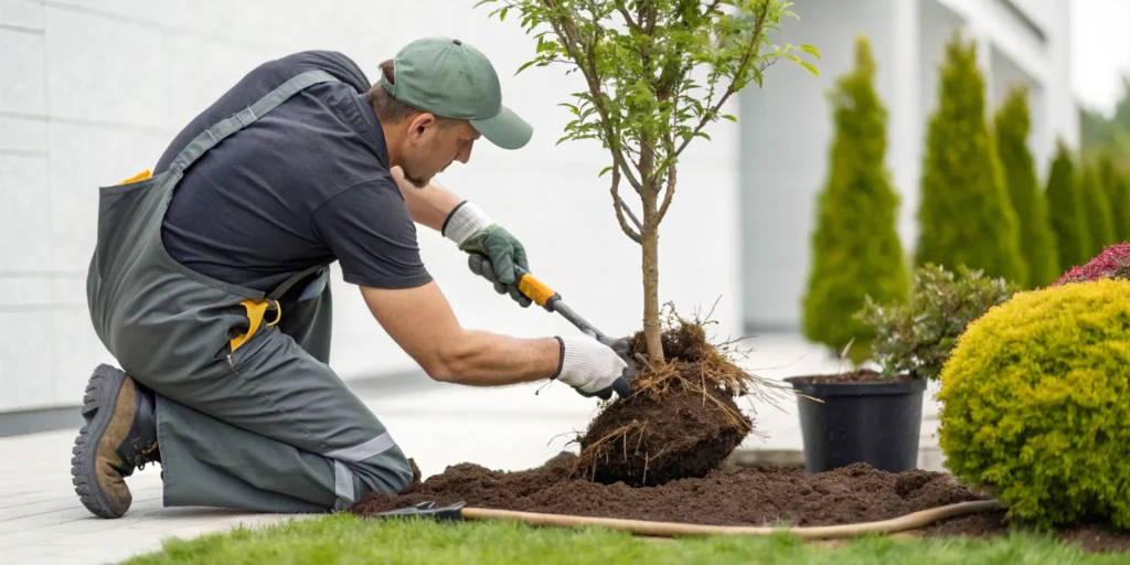 A person uprooting a small tree with a shovel to replant it.