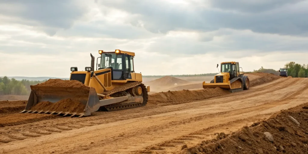 Bulldozers clearing and grading land on a construction site.