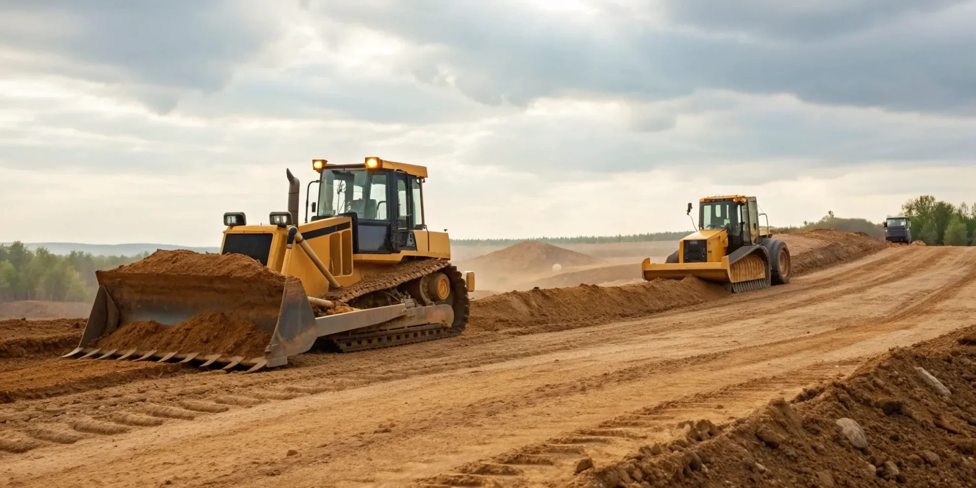 Bulldozers clearing and grading land on a construction site.