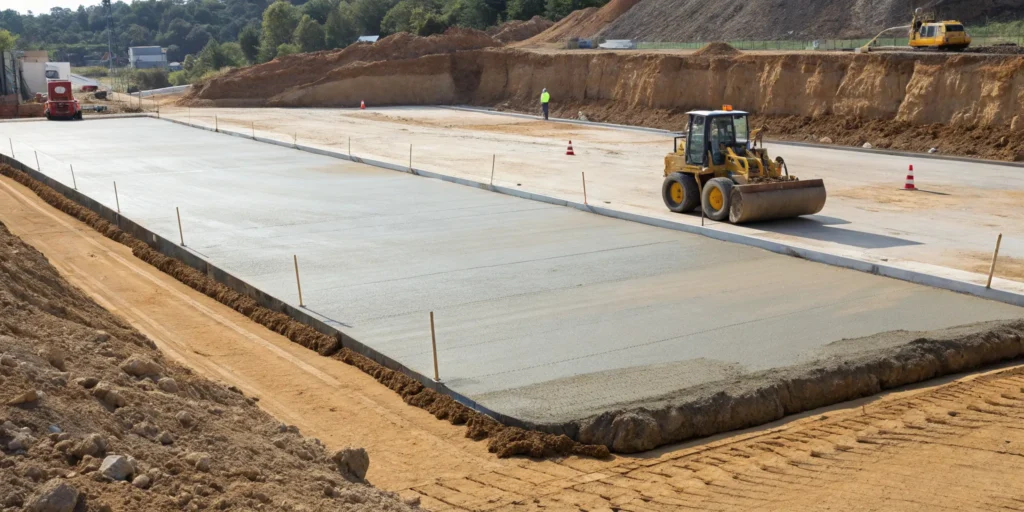Land grading and excavation in progress, with heavy machinery preparing a stable foundation.