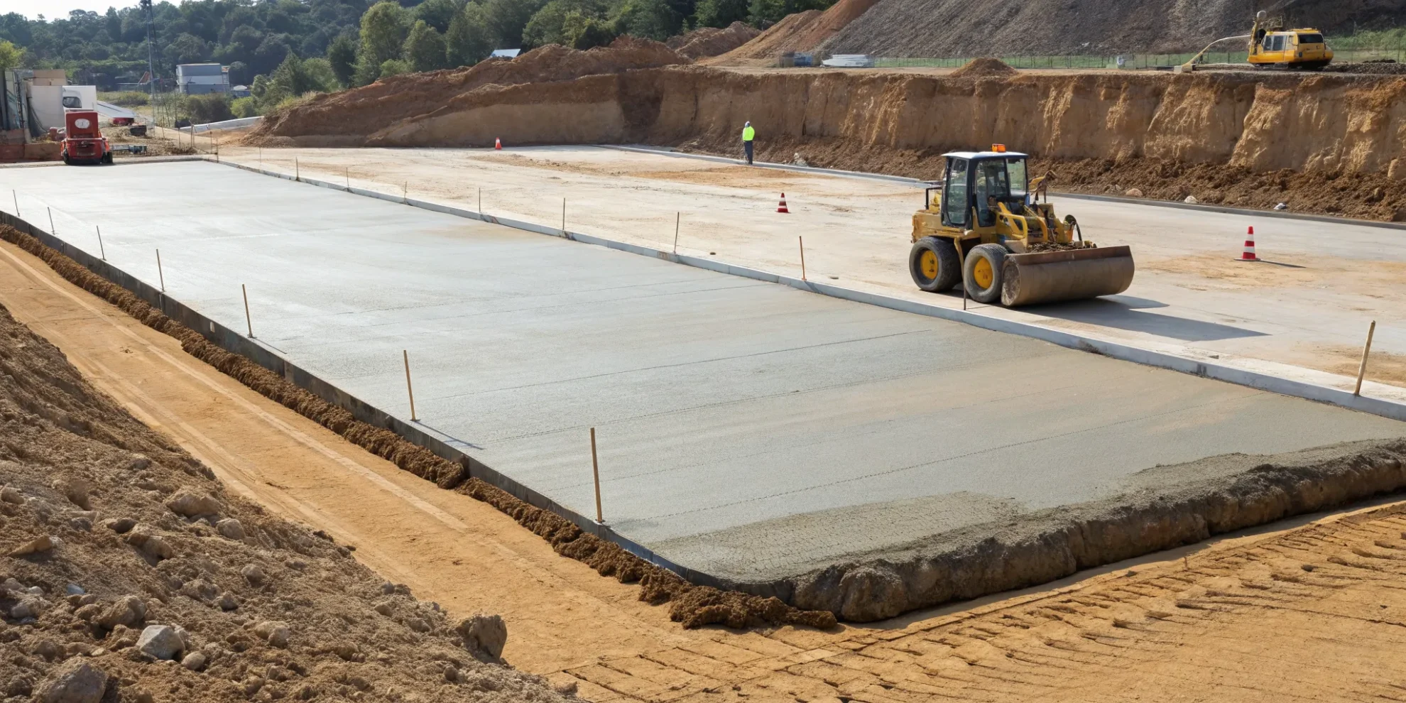 Land grading and excavation in progress, with heavy machinery preparing a stable foundation.