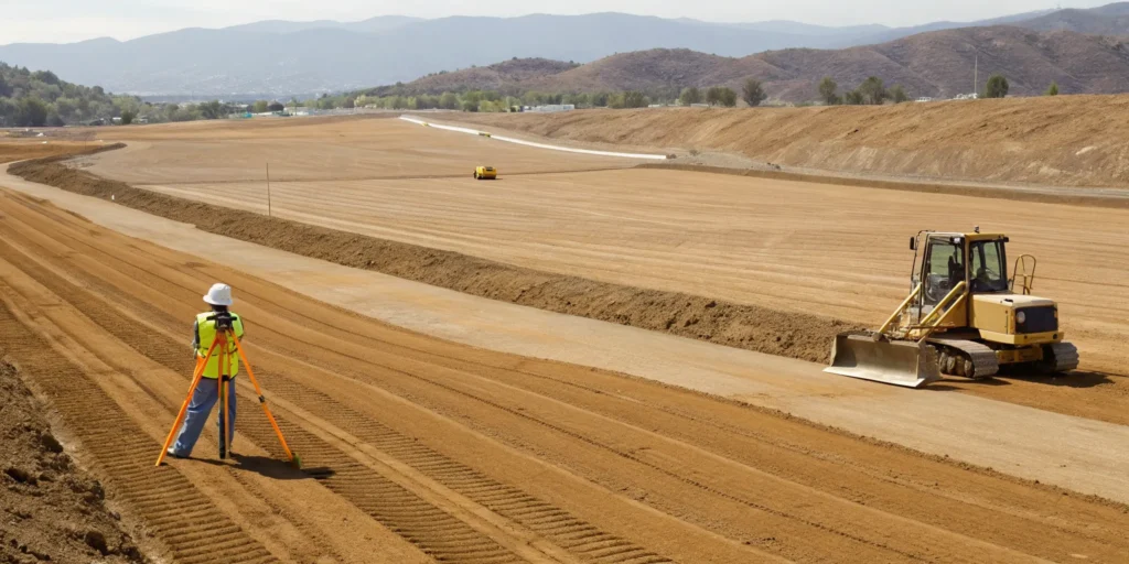 A surveyor directs heavy machinery for a land grading and leveling project.