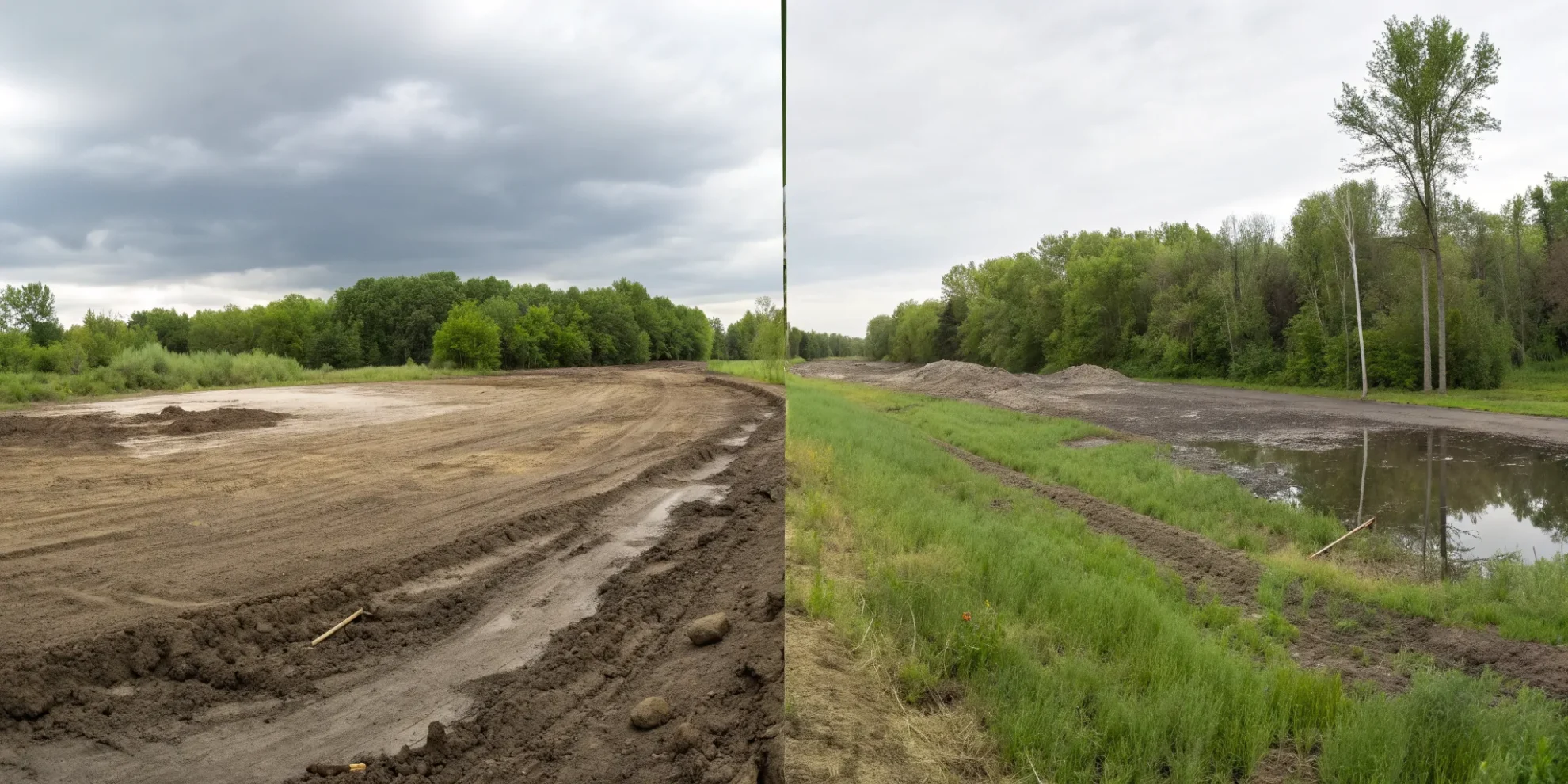 Before and after land grading on an uneven property, resulting in a smooth surface and proper drainage.