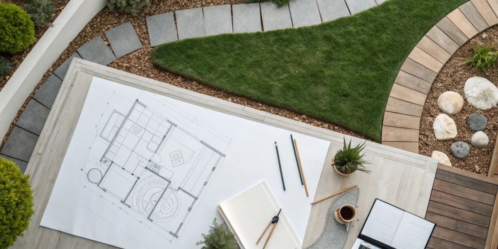 Drawing landscape design ideas on paper, showing a plan for a new garden layout.