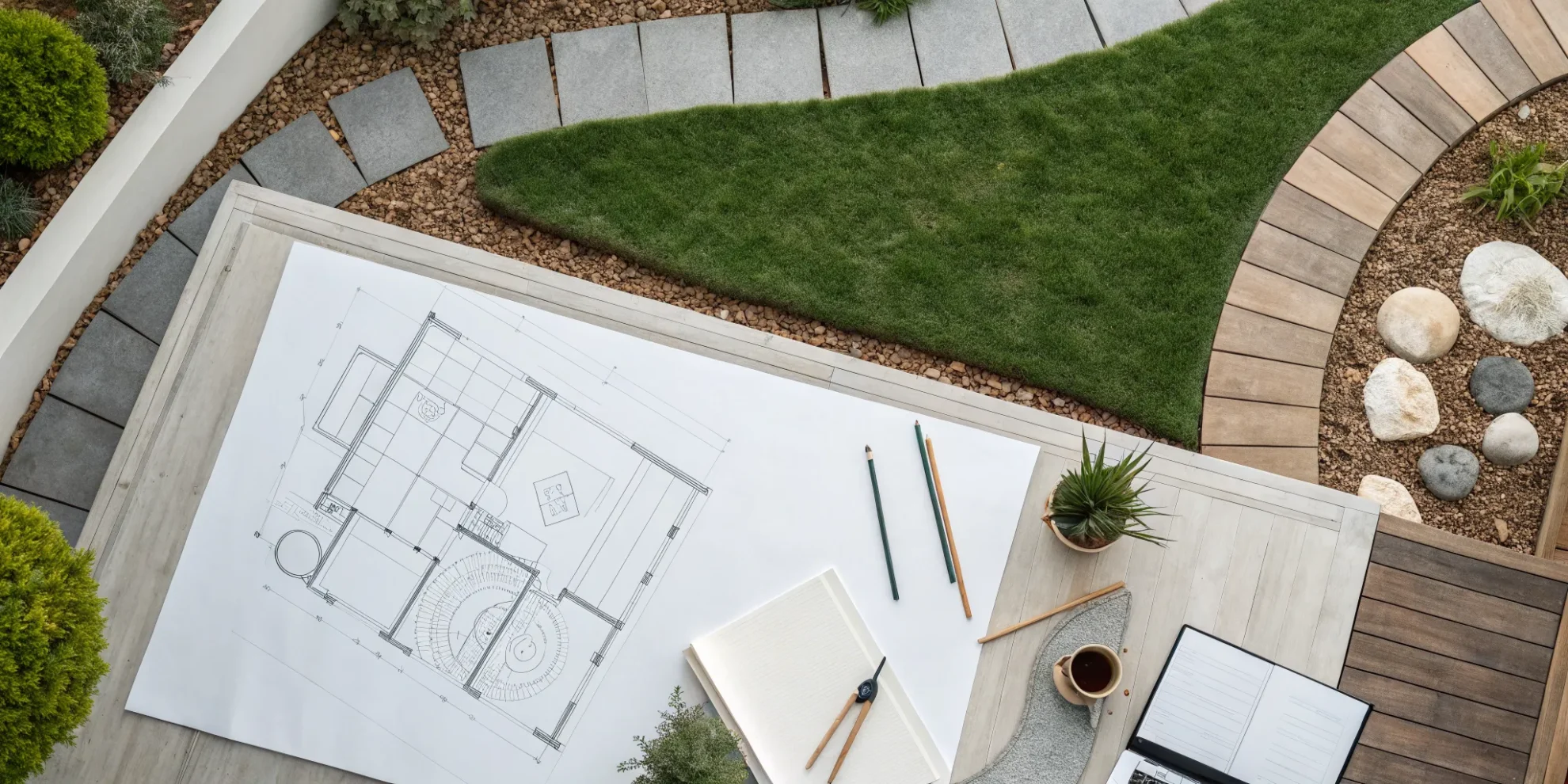 Drawing landscape design ideas on paper, showing a plan for a new garden layout.