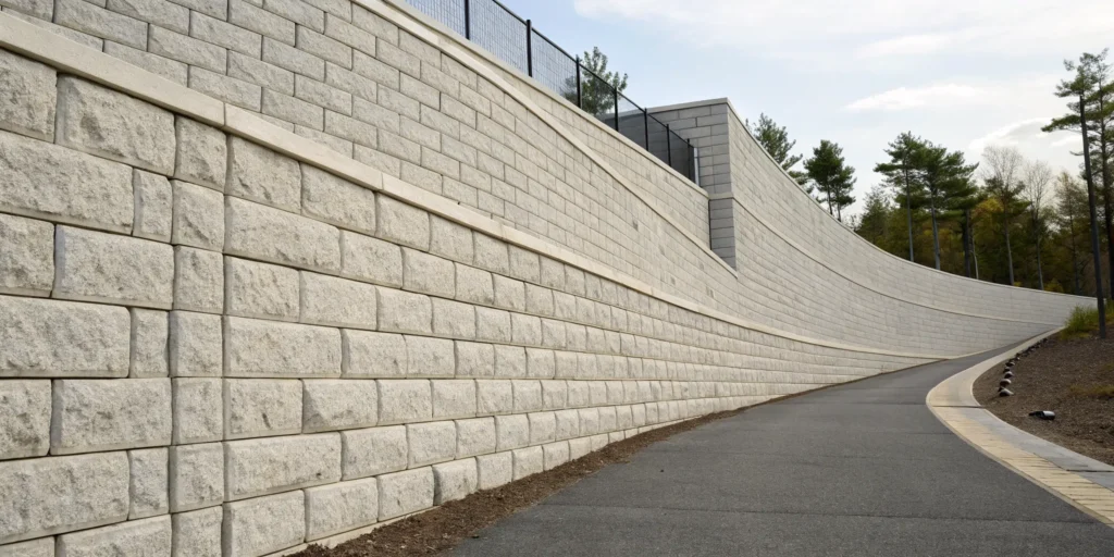 Large retaining wall blocks creating a professionally engineered and stable structure.