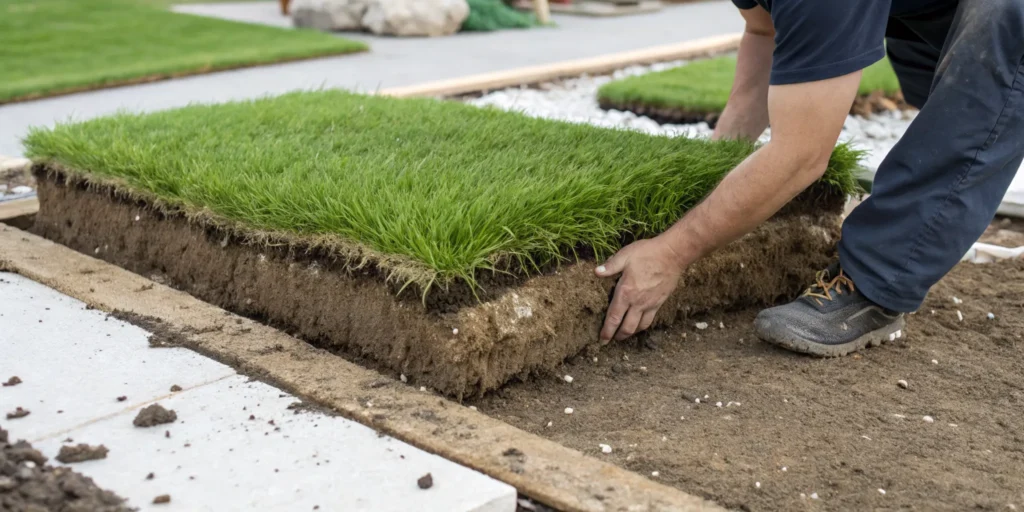 A roll of new sod being laid on hard, compacted earth without any soil tilling.