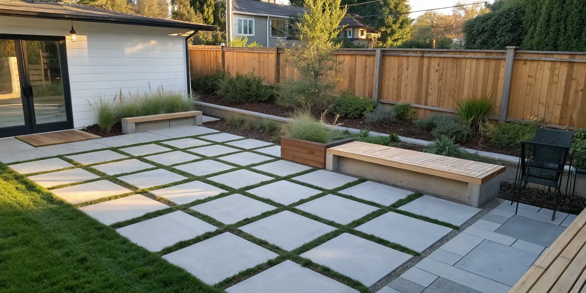 Budget-friendly landscape design with a modern paver patio, simple benches, and low-maintenance plants.